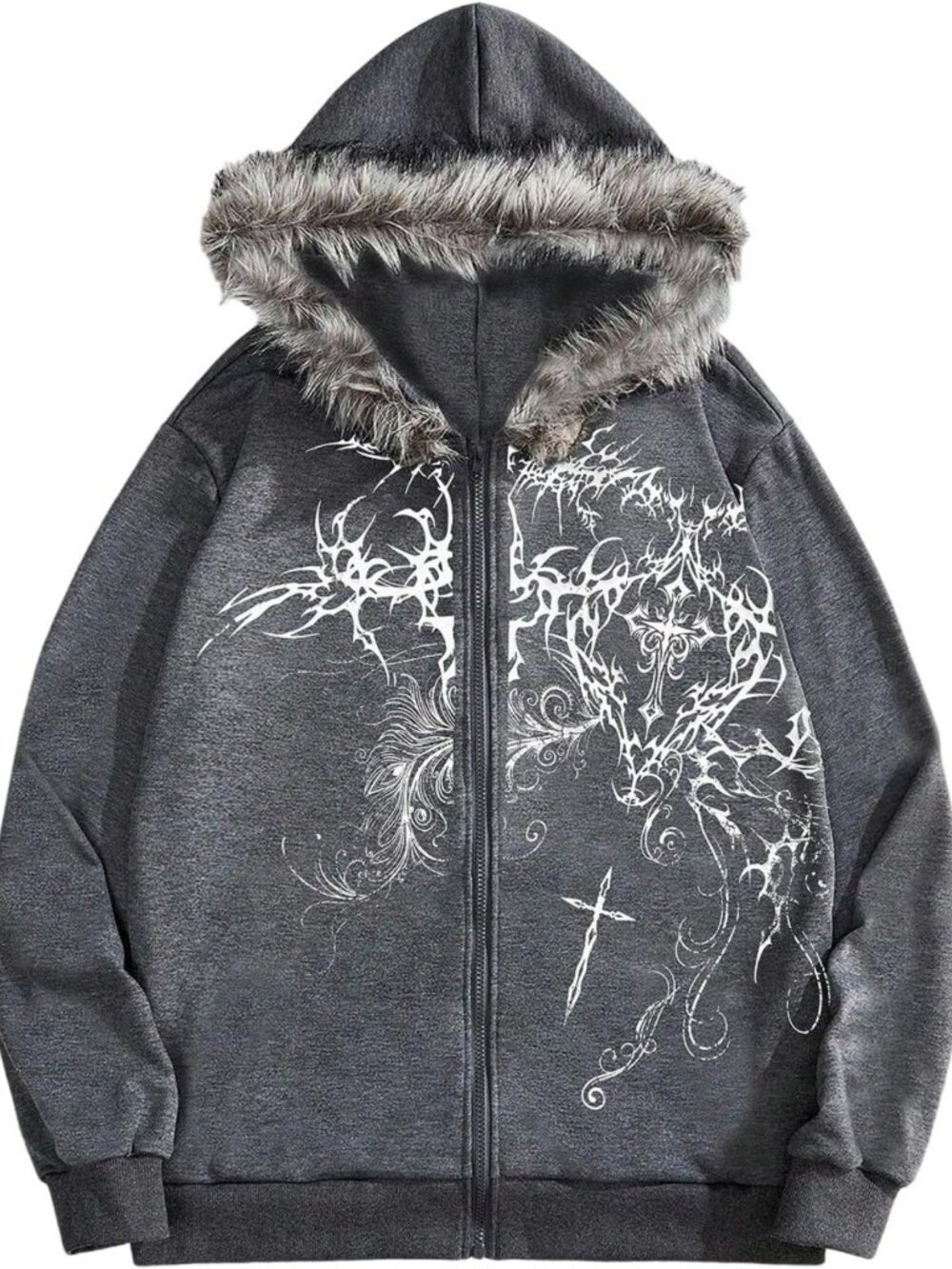 Men's Y2K Grunge Graphic Zip Up Hoodie with Fur Hood - Gothic Style Outerwear